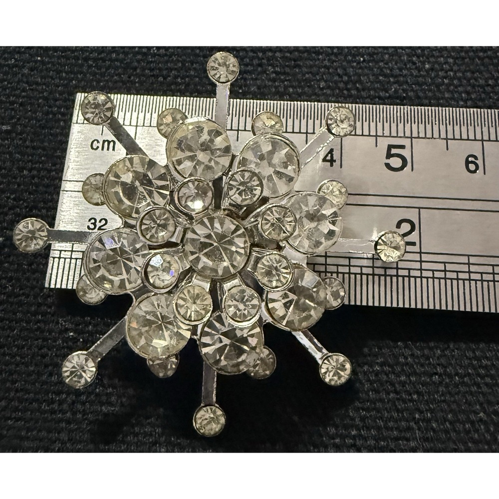Vintage MCM Clear Rhinestone Sunburst Starburst Brooch Pin Silver Tone 2-inch